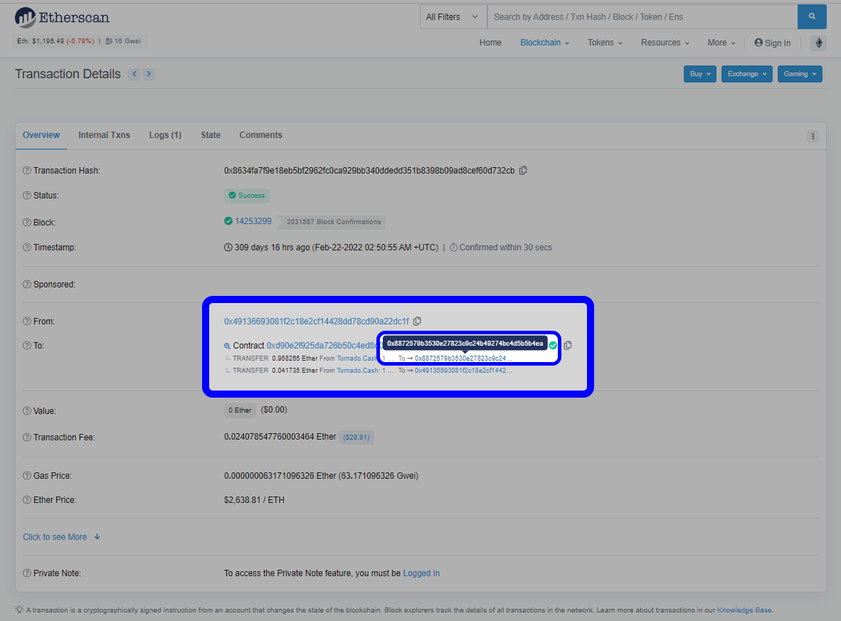 [https://etherscan.io/tx/0x8634fa7f9e18eb5bf2962fc0ca929bb340ddedd351b8398b09ad8cef60d732cb](https://etherscan.io/tx/0x8634fa7f9e18eb5bf2962fc0ca929bb340ddedd351b8398b09ad8cef60d732cb)