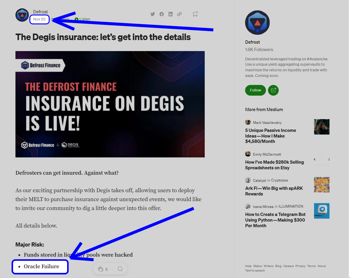 [Article Announcing the Insurance against “Oracle Failure” on official Defrost’s Medium](https://medium.com/@Defrost_Finance/the-degis-insurance-lets-get-into-the-details-7d7b8e1c91f1)