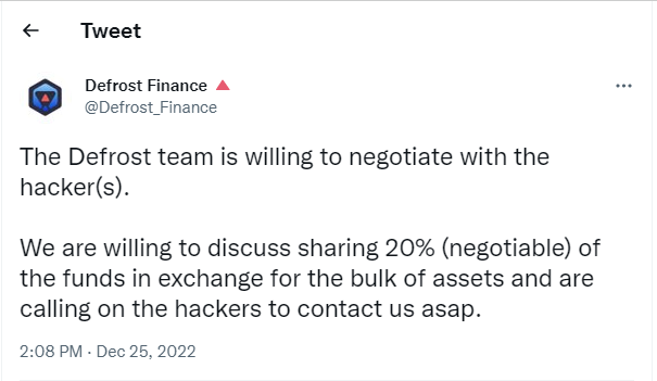 [Official Tweet by Defrost Finance](https://twitter.com/Defrost_Finance/status/1606985259299790848?cxt=HHwWgIDTvYillM0sAAAA)