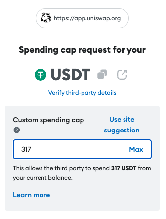 usdt custom spending cap request in metamask