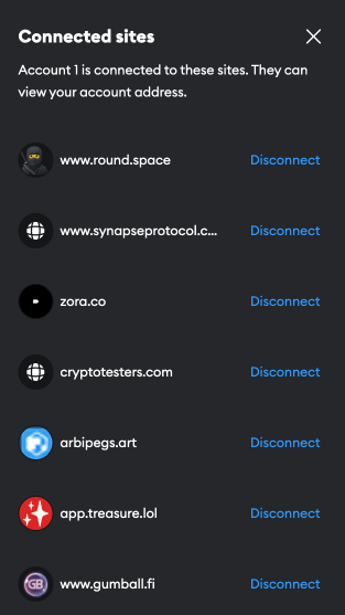 connected sites menu in metamask with arbitrum network domains