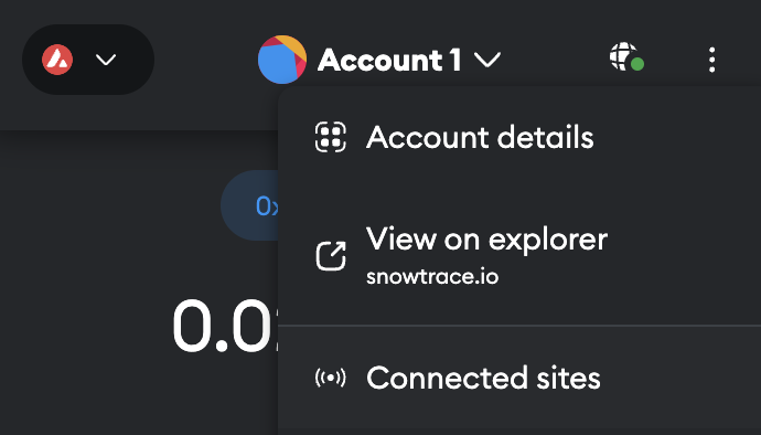 avalanche connected sites menu item in metamask