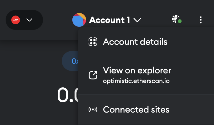 connected sites menu item with metamask connected to optimism