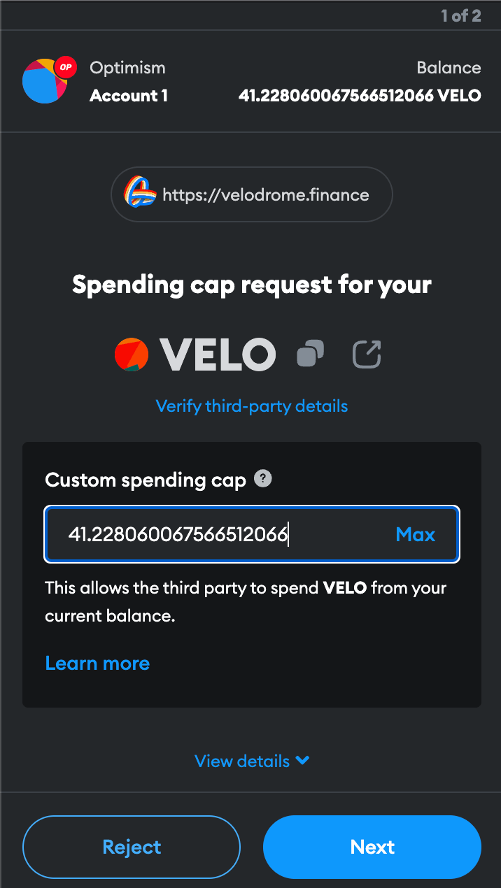 setting velo token approval spending cap in metamask