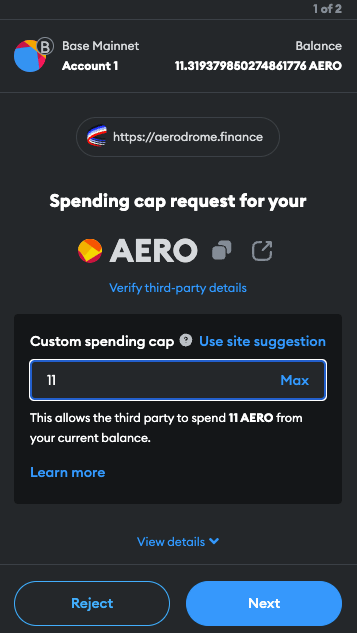 AERO custom spending cap in metamask