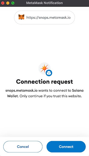 solflare connection request for snap in metamask