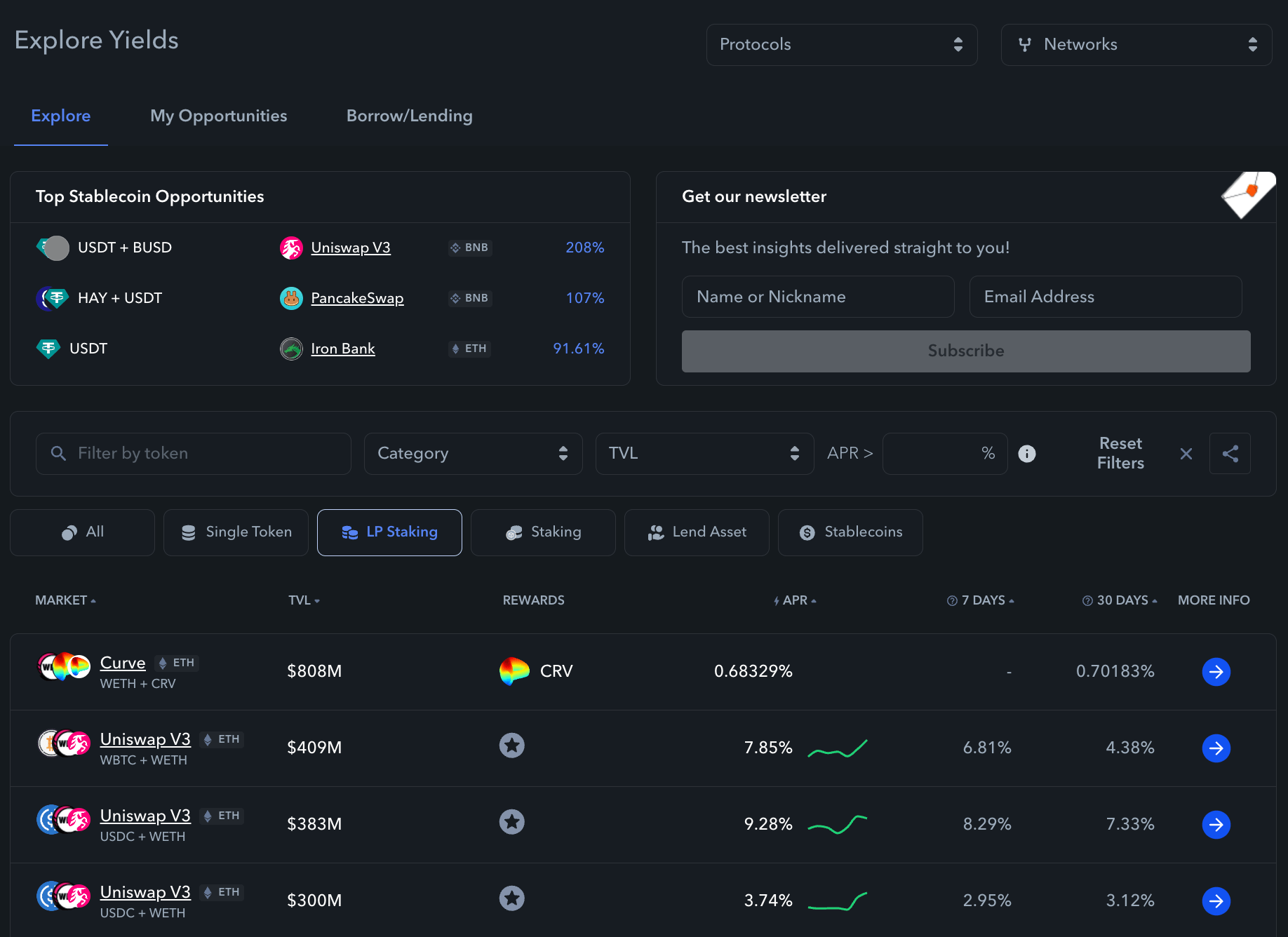 explore yields defi overview page