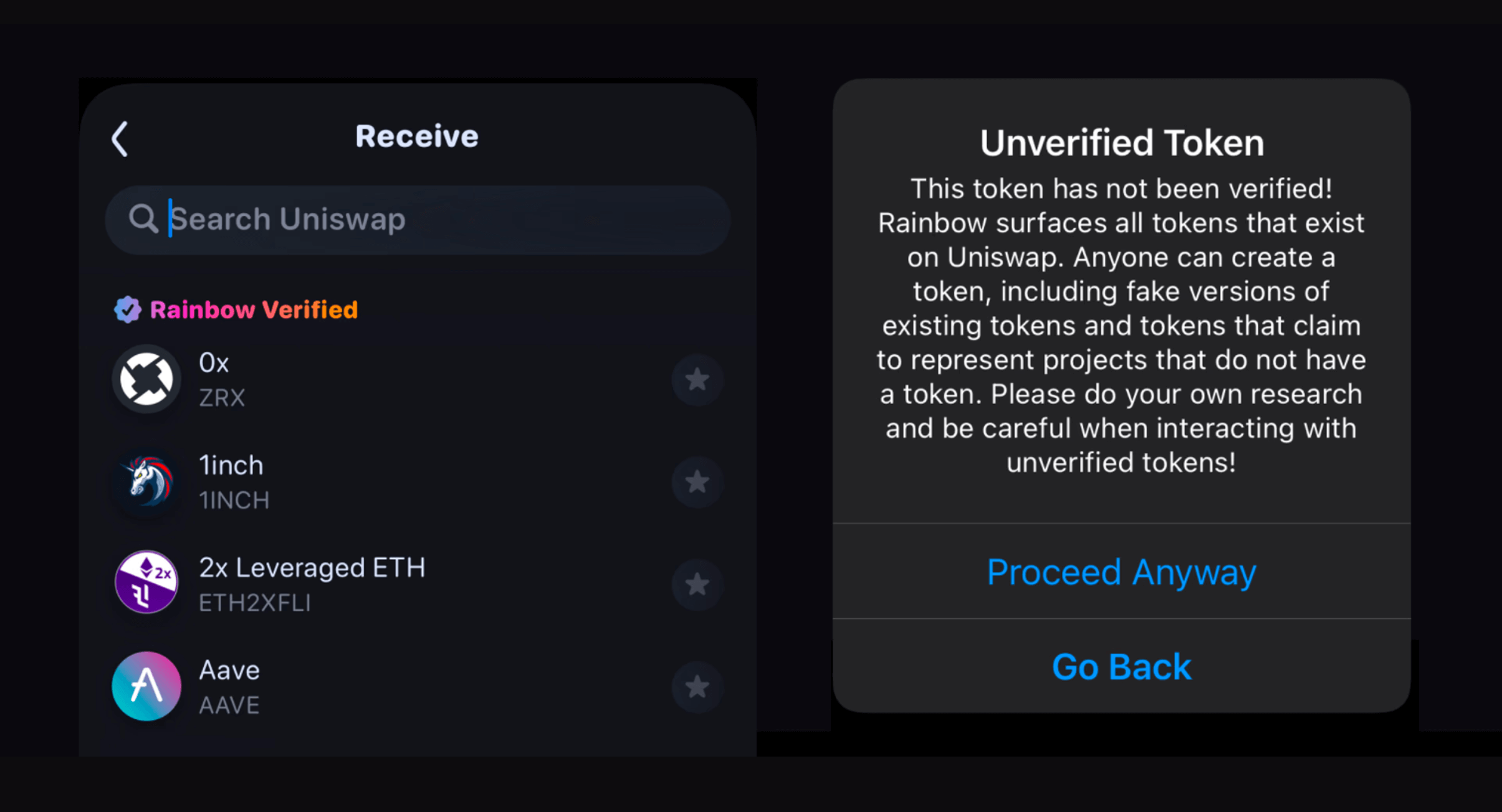 rainbow wallet unverified token warning