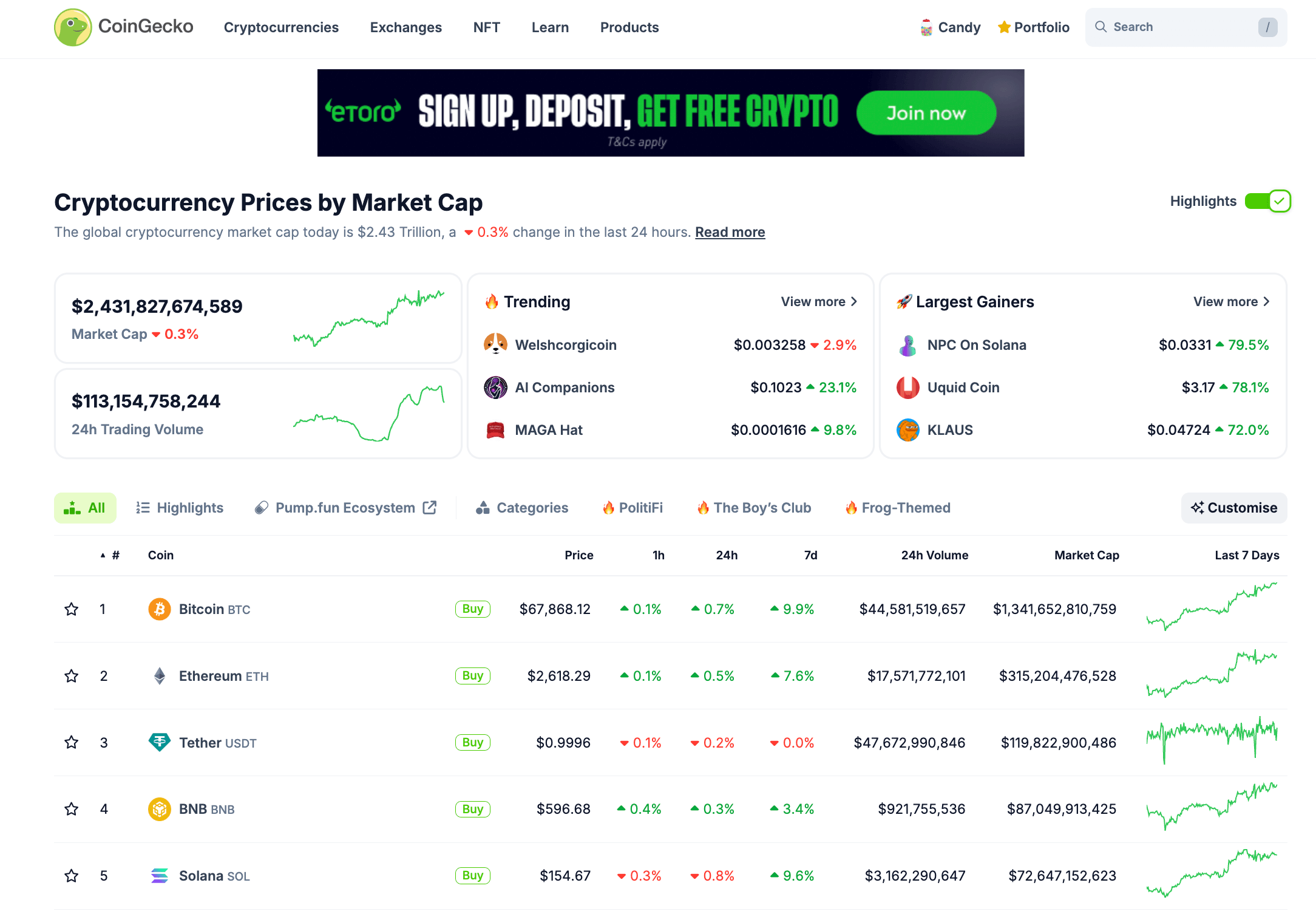 coingecko homepage